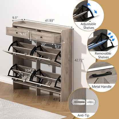 Shoe Cabinet with 4 Flip Drawers & 2 Storage Drawers, Rustic Farmhouse Narrow