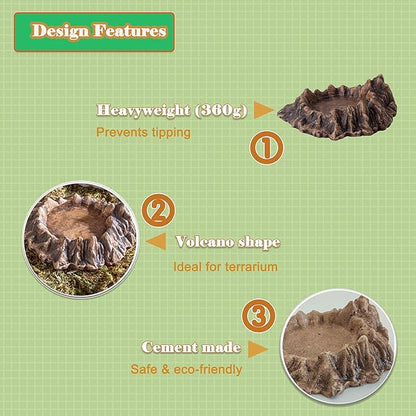 Reptile Water and Food Bowl with Feeding Tweezers Volcanic Rock Style Cement Feeding Dish for Bearded Dragon Leopard Gecko Lizard and Snake Non-Tip Terrarium Decor Landscape Accessory (Brown)