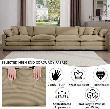 Aoowow Corduroy 4 Seater Sofa Couch,Modern Large Cloud Couches for Living Room,Tufted Modular Sectional Cloud Sofas with Deep Seat,Oversized 4 Seat Sofa Set. (Tan, 4 Seater)