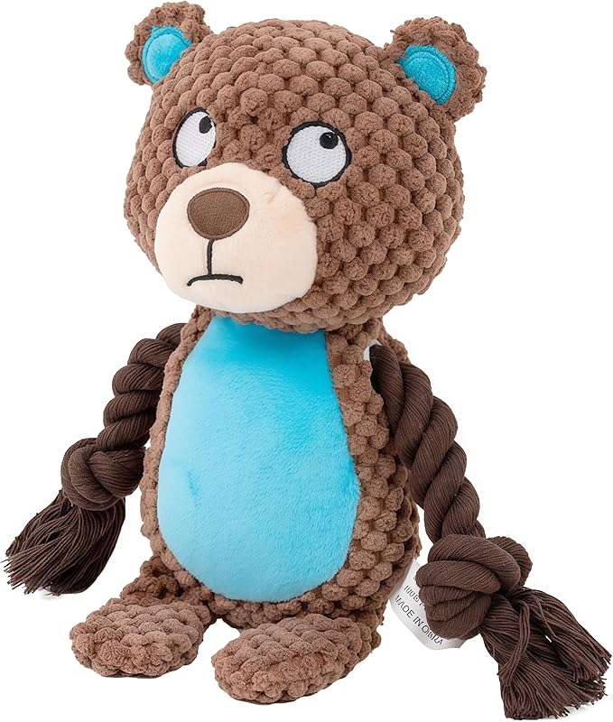 Plush Bear Dog Toy with Rope Arms, Squeaky Interactive Pet Toy, Brown and Blue, for Small & Medium Dogs