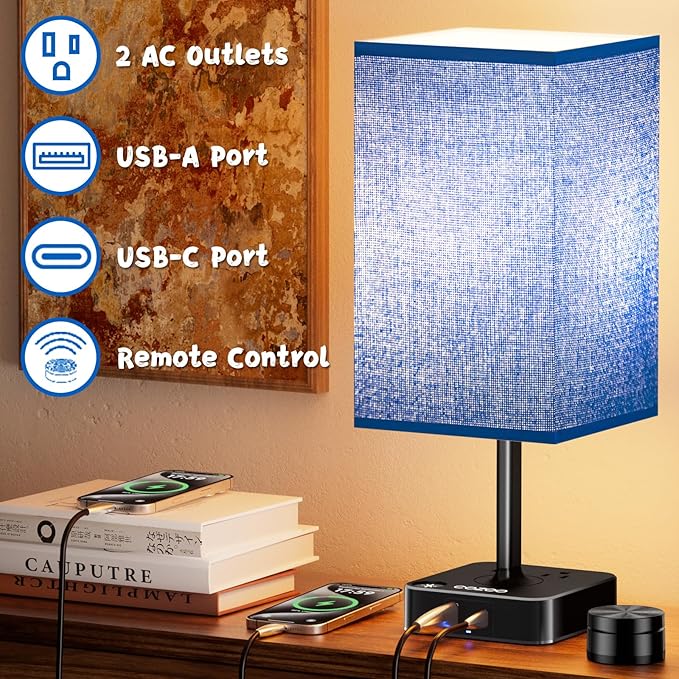 Bedside Lamp & Desk Lamp with Remote, Touch Control, USB-C/A Ports + Outlets | Blue Fabric Shade Nightstand Table Lamp for Bedroom, Living Room Lighting | Cute Modern Boho Lamp with Charging Station