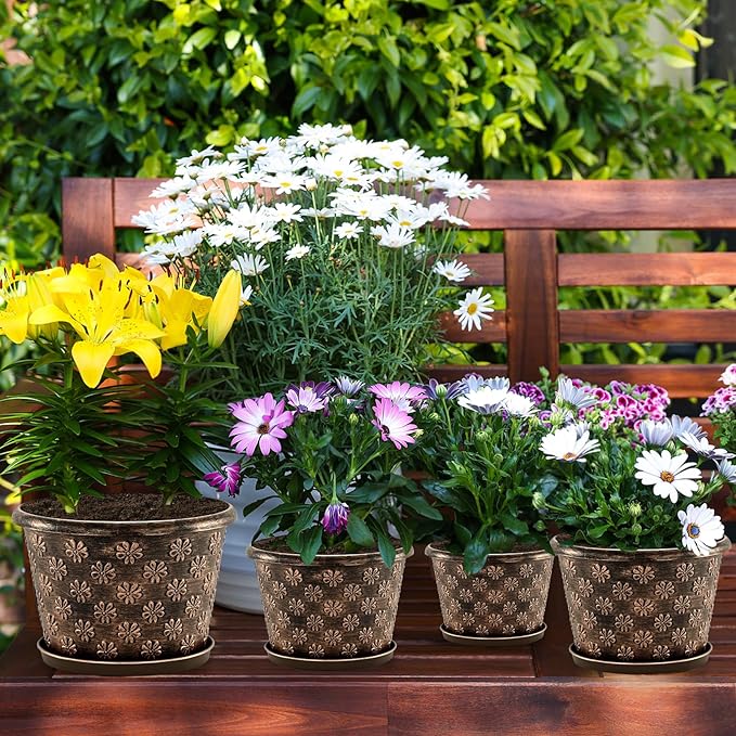 12 Inch Planter Pots for Plants, Plastic Large Flower Pots Indoor Outdoor, 4 Pack Resin Plant Pot with Drainage & Saucer, Retro Decorative Garden Pot with Removable Trays for House