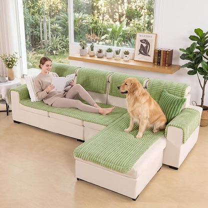 FUANGUI 2 Pack Waterproof Couch Cover for Dogs Pets Sofa Protector | Non-Slip Washable Fuzzy Soft Sofa Slipcover for 2 PCS L Shaped Sofa Pet Friendly, 27.6" x 59.1"+27.6" x 70.9", Grass Green