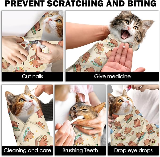 27.6" Cat Grooming Wrap, Self Adhesive Cat Wrap for Cutting Nails, Anti-Escape Calming Cat Swaddle Wrap for Medicine Ear Cleaning, Anti-Scratch Cats Burrito Restraint Blanket, Pet Tool (6-10 lbs)