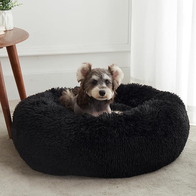 Western Home Calming Donut Small Dog Cat Bed Washable Puppy Bed,24" Black | Fluffy Faux Fur Round Cuddler,Anti-Anxiety,Anti-Slip Bottom,Pet Beds for Puppy&Small Dogs&Large Cat,Up to 25 LBS