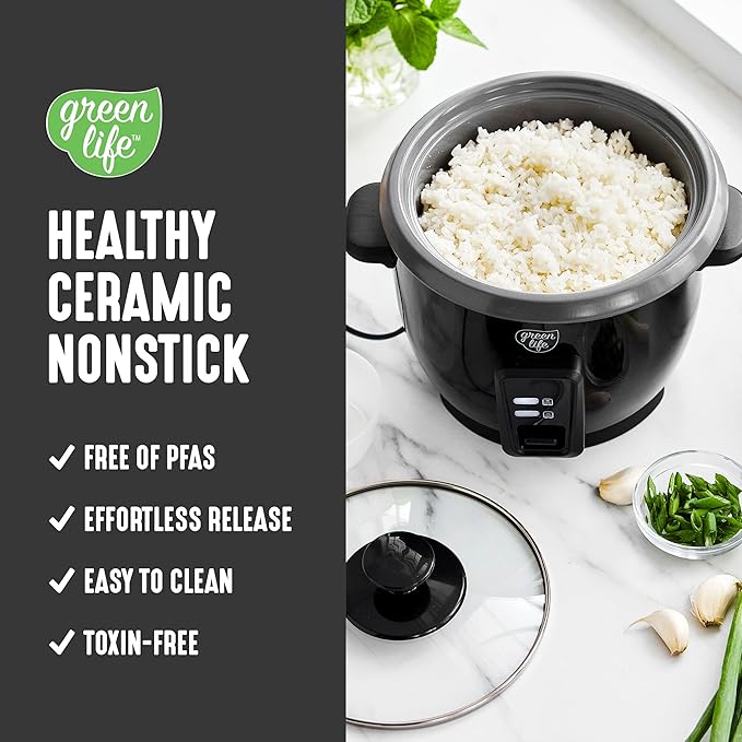 GreenLife Rice Cooker with Removable PFAS-Free Ceramic Nonstick Pot, 3-Cups