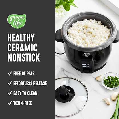 GreenLife Rice Cooker with Removable PFAS-Free Ceramic Nonstick Pot, 3-Cups