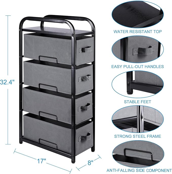 MAX Houser 4 Drawer Narrow Dresser Fabric Storage Tower Vertical Slim Storage