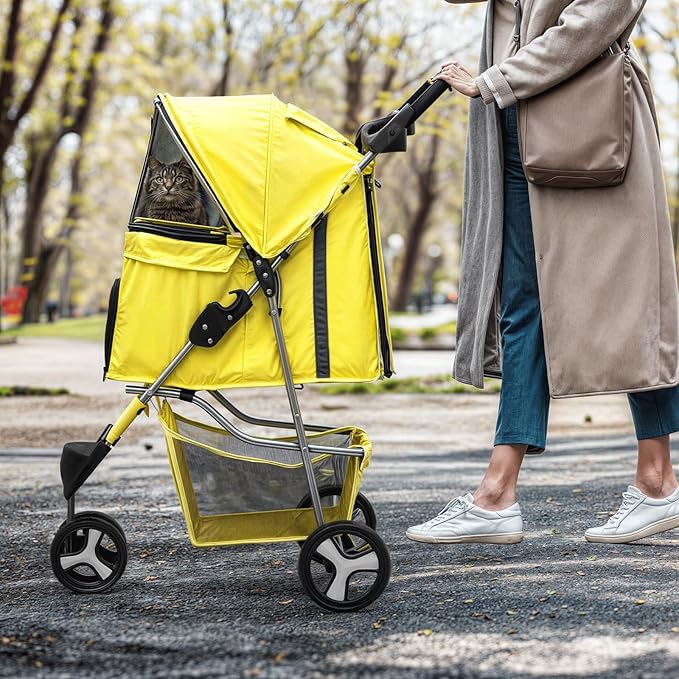 MoNiBloom Foldable Pet Stroller with Waterproof Cover, 3-Wheels Dog Strolling Cart for Small/Medium Dogs and Cats with Storage Basket and Cup Holder, Breathable and Visible Mesh for All-Season, Yellow