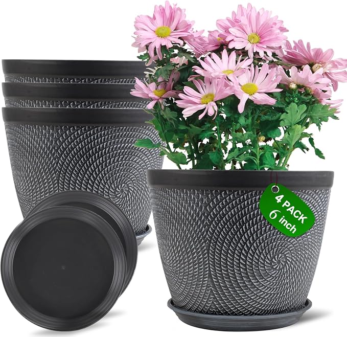 Quarut 4 Pack 6 Inch Flower Pots Planters for Outdoor Indoor, Plastic Plant Pots with Drainage Hole & Tray, Modern Decorative Garden Pot with Saucer, planters for House (Gray)