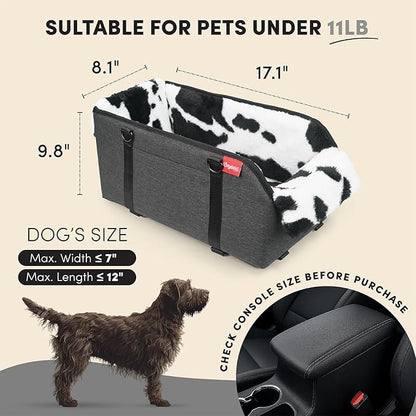 Center Console Dog Car Seat for Small Pets to 11lbs, Milk Cow | Anti-collapse armrest Console seat with washable fluffy cushion, pillow & tether for stable, cozy pet travel trips.
