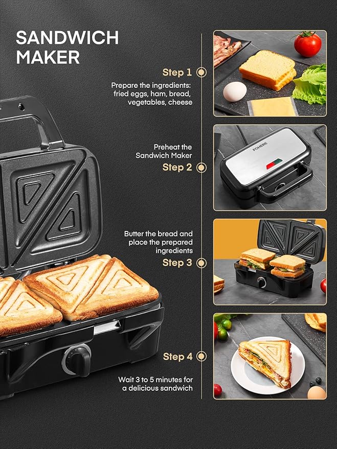 FOHERE Sandwich Maker 3 In 1 Waffle Maker