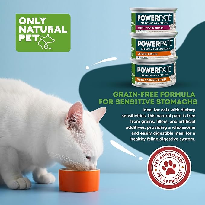 Only Natural Pet PowerPate Grain-Free Wet Cat Food - High Protein, Limited Ingredient Pate for Wellness (Chicken & Turkey, Rabbit & Pork, Chicken Dinner) Variety Pack, 2.75 oz Cans, Case of 12 (V)