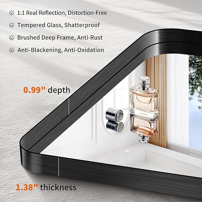 CIRCUMI Black Bathroom Mirror, Rounded Corner, Tempered Glass, Mirror