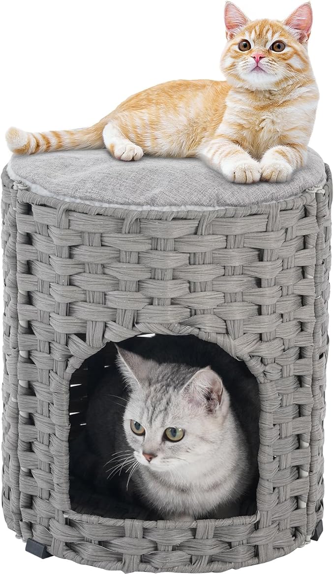 Cat House for Indoor Cat, Small Cat Houses Handwoven PE Rattan Kitten Cave, Pet Kitten Bed Covered, One Bed Pad, 13 x 13 x 13.7 Inches, Foldable Hideaway in Living Room Gray
