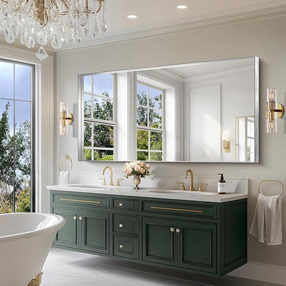 CIRCUMI Silver Bathroom Mirror, Brushed Finish, Tempered Glass, Large Mirror