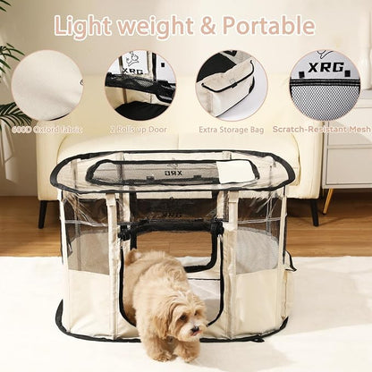 XRG Foldable Dog Playpen with pad，Indoor Cat Kennel L(35.4"x27.6"x23.6") | Portable Dog Crates with Upgrade Breathable Mesh，Sturdy Cat cage Indoor & Outdoor for Rabbit or Small Animals,Beige