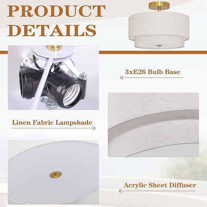 3 Light Semi Flush Mount Ceiling Light Fixture 15.7 Inch Modern Gold Drum Ceiling Light Fixture with 2-Layer Fabric Shade Dimmable Close to Ceiling Light for Living Room Hallway Bedroom Entryway