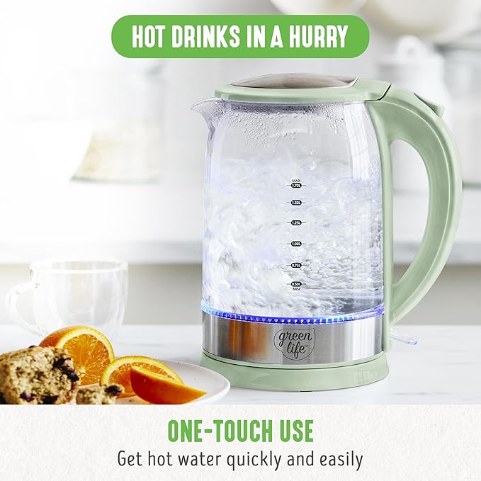 GreenLife 1.7 Liter Glass Electric Kettle, Easy One Touch Use, Quick Heating