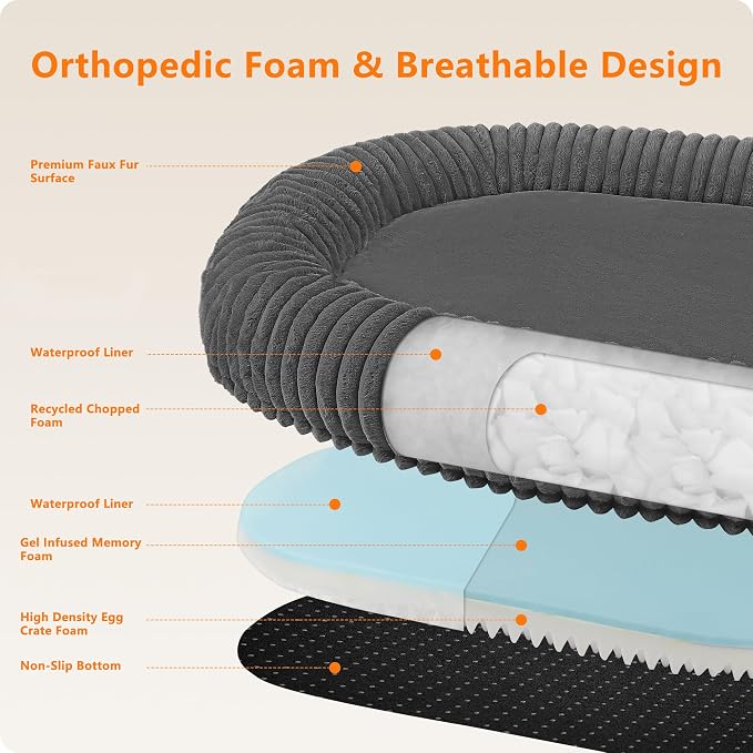 Human Dog Bed for Adult, Orthopedic Gel Memory Foam, 71"x47"x9" | Human Dog Bed Fits Adult & Pets, Reversible Egg-Crate Foam Cushion, Washable Pet Bed with Blanket, Medium Grey