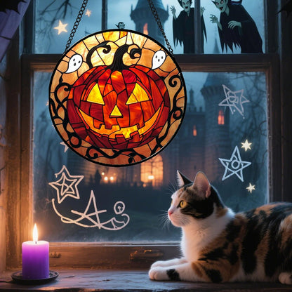 Stained Glass Window Hanging - Halloween Decorations Evil Pumpkin Orange Suncatcher for Doors Garden Indoor Funny Spooky Sun Catchers Gothic Decor Horror Gifts for Women Men Friend 6.3 in