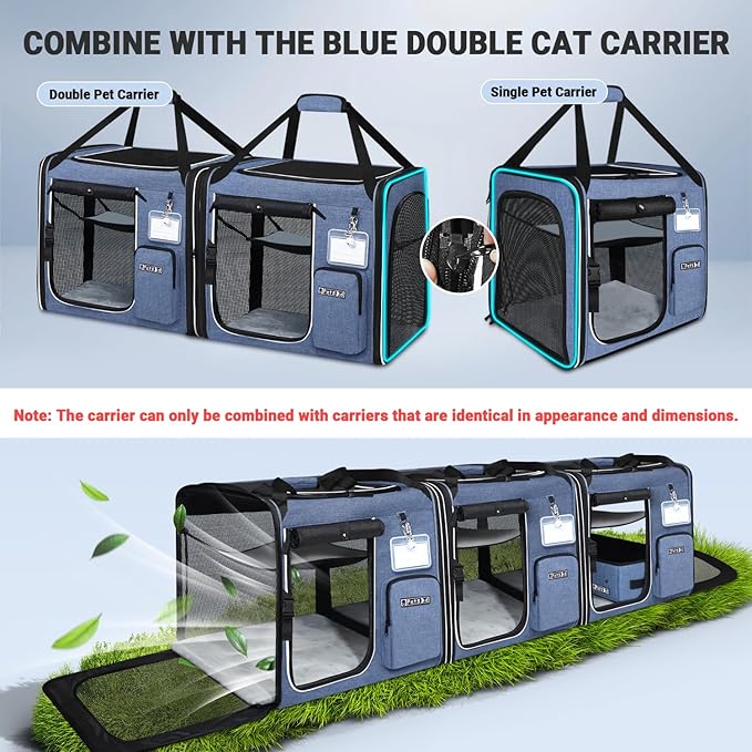 Petskd Combinable Large Cat Carrier with Litter Box for Car Travel, 19"x17"x18" Portable Soft Pet Carrier for 2 Small Cats with Safty Zipper Locks for Vet