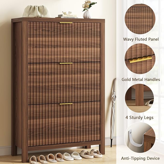 Shoe Cabinet Storage for Entryway, Fluted Shoe Cabinet