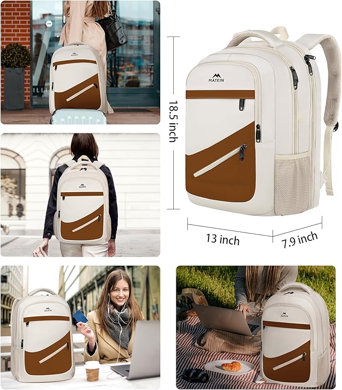 MATEIN 17.3 Inch Womens Laptop Backpack, Water Resistant Work Business Backpack with Multiple Pockets Fits 17 Inch Computer Notebook, Spacious Commute Bag TSA Approved and Comfortable, Beige Brown