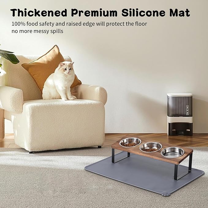 Upgraded Elevated Cat Bowls with Food Mat,15°Tilted Stand Anti Vomiting Raised Cat Dishes for Food and Water,3 Stainless Steel Bowls for Cats and Puppy（Rustic Brown）