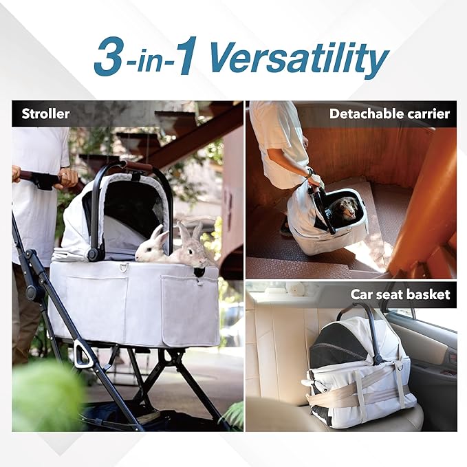 ibiyaya Tinker Pet Stroller for Small Dogs and Cats – 3-in-1 Pet Carrier, Dual-Opening Canopy, No-Flat Wheels, Vegan Leather Handle, Large Storage Basket (Silver Gray)