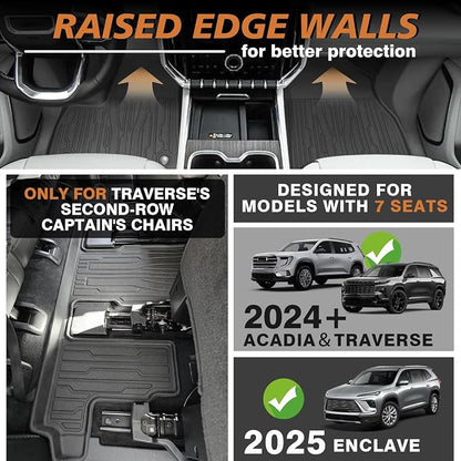 TripleAliners Floor Mats Compatible with 2024-2026 GMC Acadia/Chevy Traverse (2nd Row Captain's Chairs)/2025-2026 Buick Enclave | 7-Seat Only | All Weather TPE Custom Fit Full Set Floor Liners
