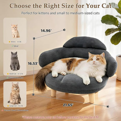 Gray Cat Sofa Bed, Furniture Style Pet Couch with Pine Wood Legs | Removable Cotton Velvet Cover, Cozy Cushion Design, Stylish Home Décor Pet Furniture for Cats and Small Dogs