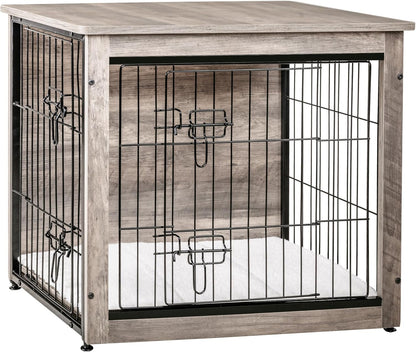 DWANTON Dog Crate Furniture with Cushion, Wooden Kennel Table with Double Doors, Indoor Dog House, Small/Medium/Large/Extra Large Size, 27.2" L, Greige