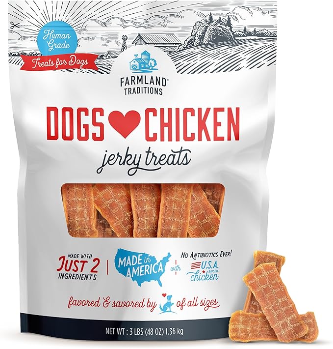 Farmland Traditions Dogs Love Chicken Jerky Dog Treats, Premium Two-Ingredient Dog Jerky with USA-Raised, Human-Grade Chicken & No Antibiotics Ever, 3-Pound Bag
