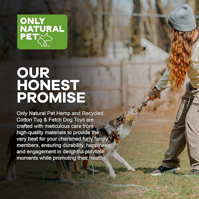 Only Natural Pet Hemp and Recycled Cotton Tug & Fetch Dog Toy - Interactive Chew Rope With Knots - Eco-Friendly, Engaging, Durable Braid | 3 Knot, 15" x 3"