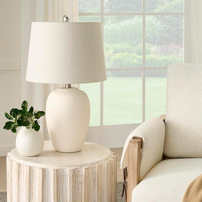 Nourison Home 23" Natural White Ceramic Jar Table Lamp for Bedroom, Living Room, Dining Office, with Off-White Shade