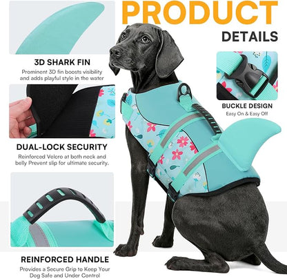 Dog Life Jacket, Dog Life Vest for Swimming, Doggie Shark Swimming Vest with Rescue Handle, Adjustable Reflective Pet Lifesaver Preserver for Small Dogs, Blue Flower XS