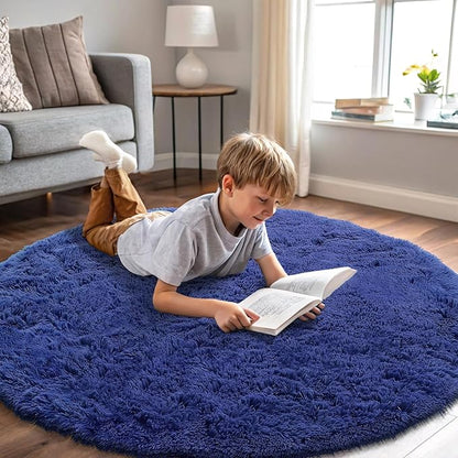 OLANLY Navy Blue Round Rugs for Bedroom - Machine Washable, 4 ft Circle Area Rugs for Living Room, Soft and Fluffy Shaggy Carpet for Teen Girls and Boys, Nursery Rooms, Dorms, Home Decor Aesthetic