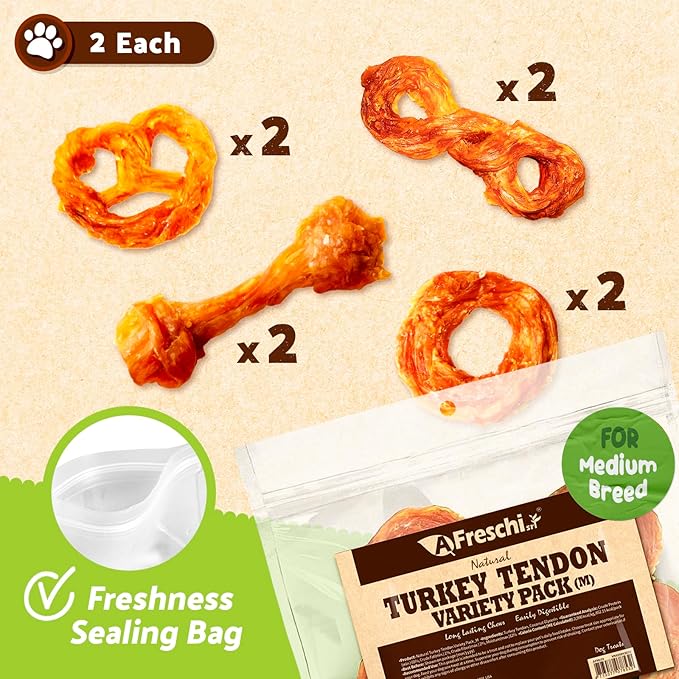 AFreschi Turkey Tendons for Dogs, USA-Sourced, Healthy Dog Treats, Rawhide-Free Puppy Chews, Long Lasting, All Natural, Hypoallergenic Dog Treats for Medium Breeds, 10 oz Pack Variety (M)