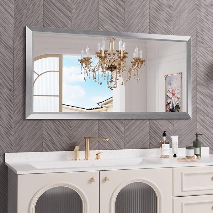 Amorho 60 X30 Inch Bathroom Mirror Silver, Thick Metal Framed Wall Mirrors