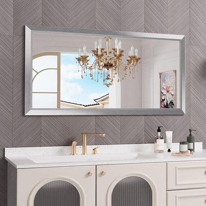 Amorho 60 X30 Inch Bathroom Mirror Silver, Thick Metal Framed Wall Mirrors