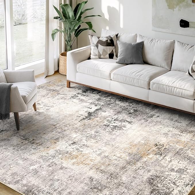 Area Rug Living Room Rugs - 6x9 Modern Abstract Soft Indoor Neutral Washable Rug Stain Resistant Non-Slip Low Pile Carpet for Bedroom Dining Room Home Office - Charcoal Grey