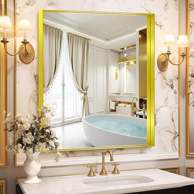 CIRCUMI Gold Bathroom Mirror, Brushed Finish, Tempered Glass, Mirror