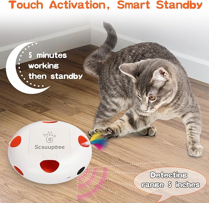 Interactive Cat Toy, Electric Cat Toys for Moving Concealed Feathers, Smart Sensor 7 Holes Whack a Mole Feather Toy, USB Charge Automatic Kitten Toys,White
