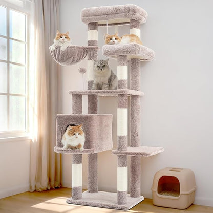Gitelsnour Cat Tree for Indoor Cats, 55.1 inch Cat Tower with 7 Sisal Scratching Posts, Multi-Level Cat Condo wit Large Play Platform Furry Ball, Cat Cave, 2 Padded Perches, Basket, Mushroom GCT013MU