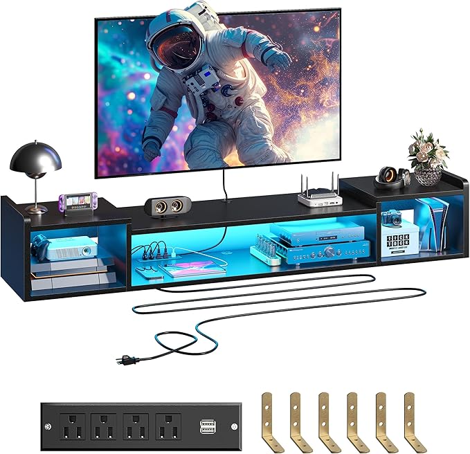 70.9"W Floating TV Stand with LED Lights & Power Outlets