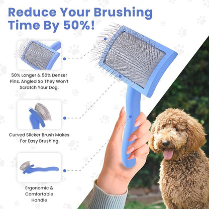 We Love Doodles Medium Curved Slicker Brush and Scissors Kit- Soft Pin Goldendoodle Brush and Dog Scissors - for Dematting & Shedding - Made in USA