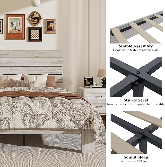 Queen Size Wooden Bed Frame with Headboard, Boho Platform Bedframe with Wood Slat Support, Sturdy and No Noise, Easy Assembly (Boho White, Queen)
