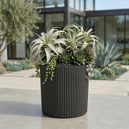Mayne Haven 14-Inch Fluted Planter, Round Planters for Outdoor Plants, Lightweight Concrete Look Plant Pots for Porch, Patio, Garden and Entryway Décor, Black