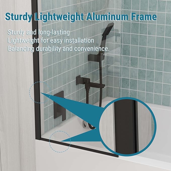 Sunrosa 24"×60" Bathtub Glass Panel, 8mm Thick Shower Screen, Matte Black